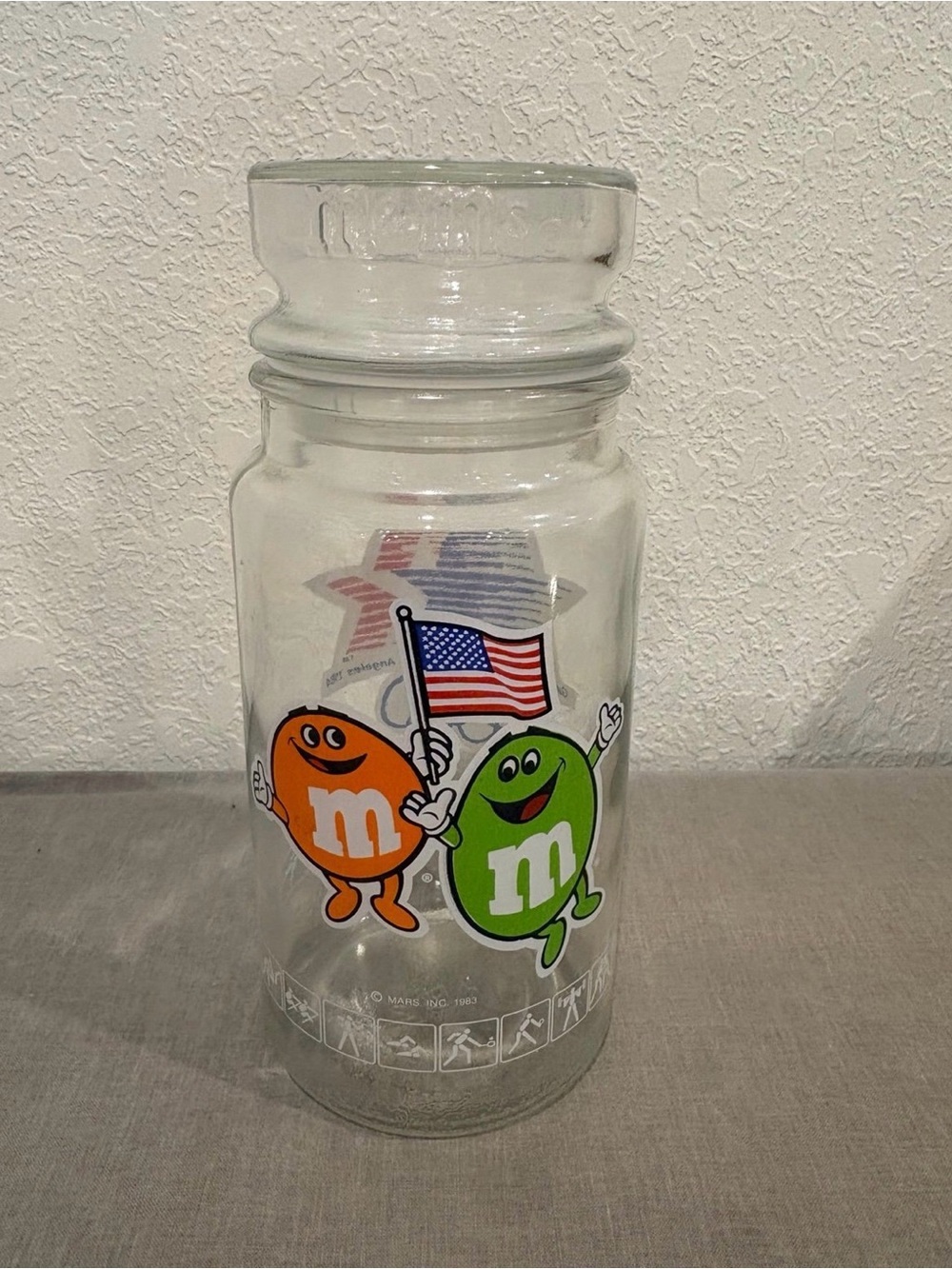 Vintage 1984 Los Angeles Olympics M&M's Glass Candy Jar Heavy Embossed Glass